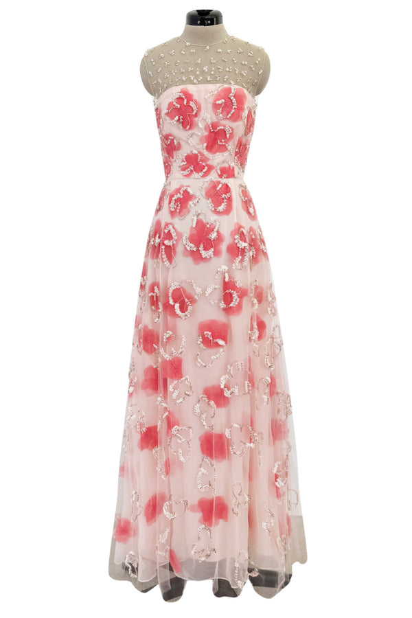 Dreamy 2000s Oscar de la Renta Pink Net & Floral Silk Dress w Bead & Flower Sequin Detailing