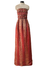 Stunning 1960s Paul Whitney Numbered Strapless Beaded Gold & Red Silk Brocade Dress