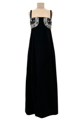 Sophisticated 1960s Donald Brooks Fine Black Wool Crepe Dress w Elaborate Rhinestone Detailing