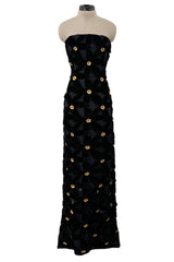 Spectacular 1980s Hubert de Givenchy Haute Couture Velvet Floral Cut Out Dress w Gold Metal Flowers