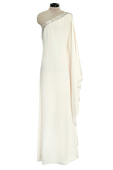 Beautiful 2000s Emilio Pucci Ivory Silk One Shoulder Caftan Dress w Gold & White Beaded Detail