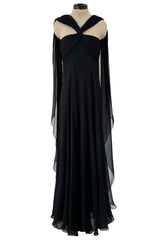 Gorgeous Spring 1989 Bill Blass Runway Black Silk Halter Chiffon w Trailing Shoulder Panels