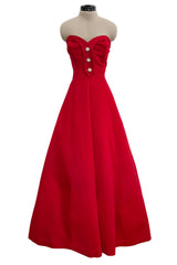 Prettiest 1980s Victor Costa Clear Red Strapless Dress w Full Skirt & Underskirts & Large Rhinestone Dome Buttons