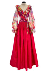 1972 Yves Saint Laurent Red Floral Silk Chiffon & Red Silk Dress w Balloon Sleeves & Pleat Detailing