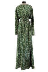 Incredible Fall 1979 Halston Runway Feather Light Green & Metallic Gold Lurex Dress w Original Belt