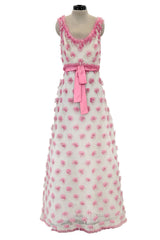 Late 1960s Belleville et Cie Couture Ivory Silk Net Dress w Pink Chiffon & Beaded Details