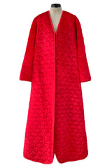 Fabulous 1980s Arnold Scaasi Brilliant Red Quilted Velvet Oversized Cocoon Button Front Coat