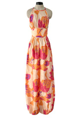 Amazing Late 1970s Bill Tice Printed Tissue Silk Backless Jumpsuit w Balloon Pouf Legs
