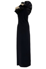Fabulous 1980s Bill Blass One Shoulder Black Crepe Dress w High Taffeta Ruffle Detail