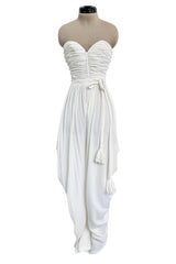 1970s Loris Azzaro White Stretch Jersey Strapless Jumpsuit w Gathered Bodice & Draped Pants