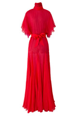 1970s Giorgio Sant'Angelo Red Silk ChiffonDress w Pink Silk Chiffon Lining & Prettiest Gusset Skirt