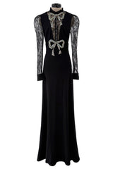 Prettiest 2017 Gucci by Alessandro Michele Black Dress w Lace Sleeves & Iridescent Crystal Bow Detailing