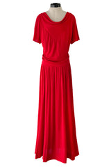 Minimalist Spring 1977 Christian Dior by Marc Bohan Haute Couture Red Silk Jersey Dress w Button Back