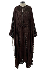 Rare 1960s Thea Porter Couture Brown Silk Open Caftan w Belt & Gold Tassles