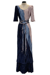 1980s Mary McFadden Couture Blue & Deep Dusky Pink Pleated Dress w Extra Long Braided Belt