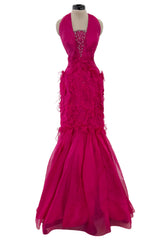 1990s Thierry Mugler Pink Silk Organza Halter Dress w Full Lower Skirts & Sequin Detailing