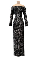 Iconic Fall 1989 Patrick Kelly Off Shoulder Silver Leopard Print Dress in a Soft Stretch Velour