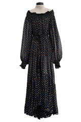 Spring 1978 Yves Saint Laurent Runway & Ad Campaign Off Shoulder Silk Chiffon Dot Dress