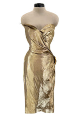 Fabulous c.1986 Thierry Mugler Strapless Metallic Gold Lurex Mini Dress w Buckle Detail