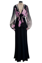 Prettiest 1970s Leonard Paris Printed Silk & Black Jersey Dress w Plunge Front & Silk Chiffon Sleeves