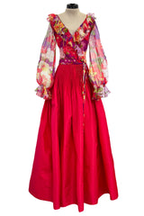 Incredible 1972 Yves Saint Laurent Red Floral Silk Chiffon & Red Silk Dress w Balloon Sleeves & Pleat Detailing