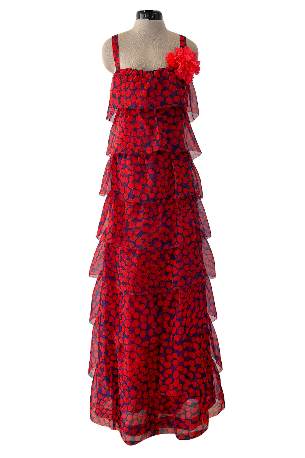 Gorgeous 1970s Givenchy Blue & Red Dot Tiered Silk Organza Ruffle Dres –  Shrimpton Couture
