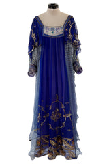1960s Bloomingdales Label Royal Blue Silk Chiffon & Gold Thread Caftan