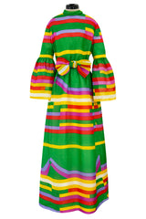 Spectacular 1968 Bill Blass Bright Striped Silk Organza Dress w Original Bow Belt & Bell Sleeves