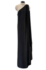Original 1978 Halston Couture Main Label Black Jersey One Shoulder Draped Full Length Maxi Dress