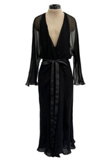 Minimalist Mid-1970s Halston Black Bias Cut Silk Chiffon Wrap Dress w Wide Sleeves