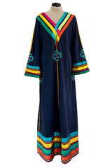 Colourful 1960s Josefa Deep Blue Cotton Caftan Dress w Multi Coloured Ribbns & Hand Embroidery