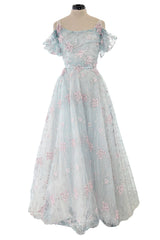 Dreamy Luisa Beccaria Pale Turquoise Net Off Shoulder Dress w Pink & Gold Embroidery