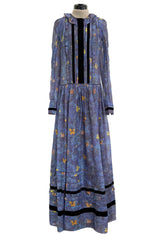 Prettiest 2000s Rochas by Olivier Theyskens Blue Silk Floral Watercolour Dress w Ruffles & Velvet Trim