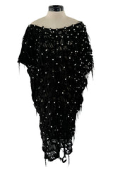 Rare 1980s Jan Faulkner Hand Made Black Suede Cut Out Mini Dress w Pearls & Fringe