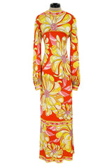Gorgeous 1960s Emilio Pucci Brilliant Citrus Coloured Silk Jersey Dress w Huge Floral Print