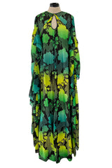 Magical 1970s Jean Varon Green Printed Dress w Elaborate Ruffled Sleeves