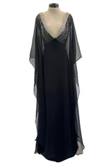 V Neck & Back 1990s Nina Ricci Black Silk Chiffon Caftan Dress w Sequin Bead & Rhinestone Detailing