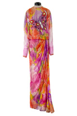 1970s James Galanos Couture Floral Print Silk Chiffon Dress w Beaded Butterfly Detailing