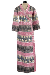 Incredible Fall 1970 Bill Blass Runway Pink Patterned Gold Metallic Thread Dress w Wide Sleeves