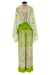 Fantastic 1970s Pauline Trigere Two Piece Green Silk Chiffon Plunge Top & Wide Leg Pant Set