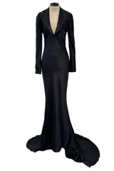 Fall 2007 Alexander McQueen Black Bias Cut Hammered Silk Dress w Beaded Collar