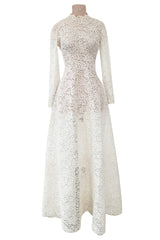 Heirloom Level Exquisite 1950s Handmade Couture White Lace Wedding Dress w a Matching Veil