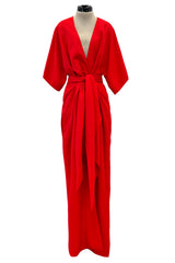 Fabulous 1970s Halston Wrap Plunge Red Full Length Dress w Wide Sleeves & Original Sash