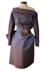 Incredible Fall 1990 Christian Lacroix Haute Couture Silk Runway Backless Dress w Two Elaborate Original Brooches