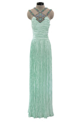 Incredible 1980s Mary McFadden Couture Pastel Teal Green Pleated Dress w Hand Beading