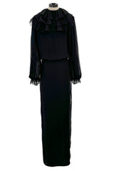 Beautiful 1970s James Galanos Couture Black Silk Chiffon Bias Cut Dress w Removeable Ruffled Collar