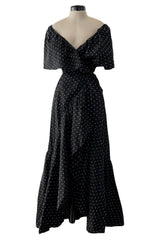 Dreamy 1981 Halston White Embroidered Dot on Black Wrap Off Shoulder Dress w Caped Neckline