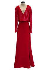 Stunning Fall 1998-99 Giorgio Armani Red Beaded & Sequin Long Skirt & Wrap Top Dress Set