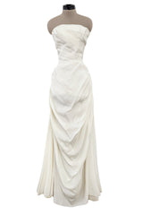 Prettiest 1950s Fred Perlberg Strapless Ivory Dress w Gathered Back Skirting & Net Cotton Muslin Underskirts