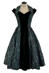 Spectacular 1940s Lilli Ann Teal & Brown Brodace & Velvet Dress w Looped Lame Detailing